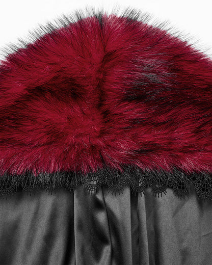 WY-1663DPF Womens Long Gothic Faux Fur Asymmetric Hooded Winter Cloak - Red