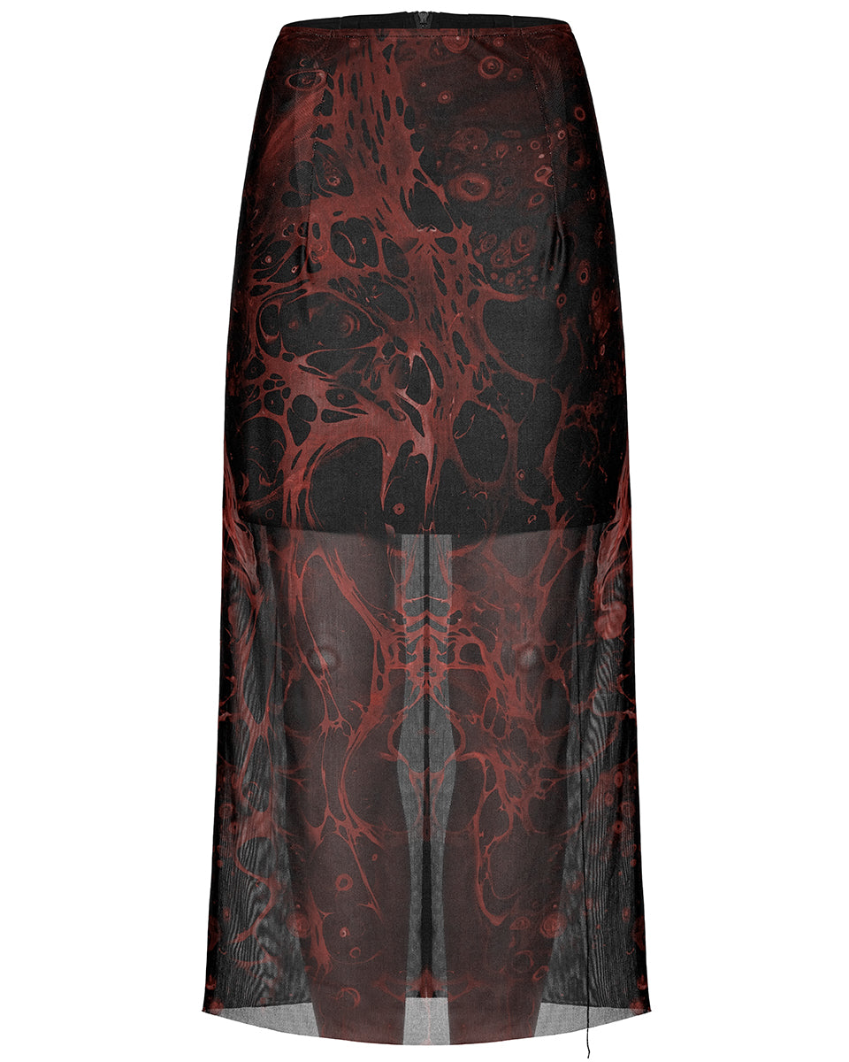 OPQ-1401 Daily Life Womens Cyberpunk Layered Gauze Midi Skirt - Black & Red