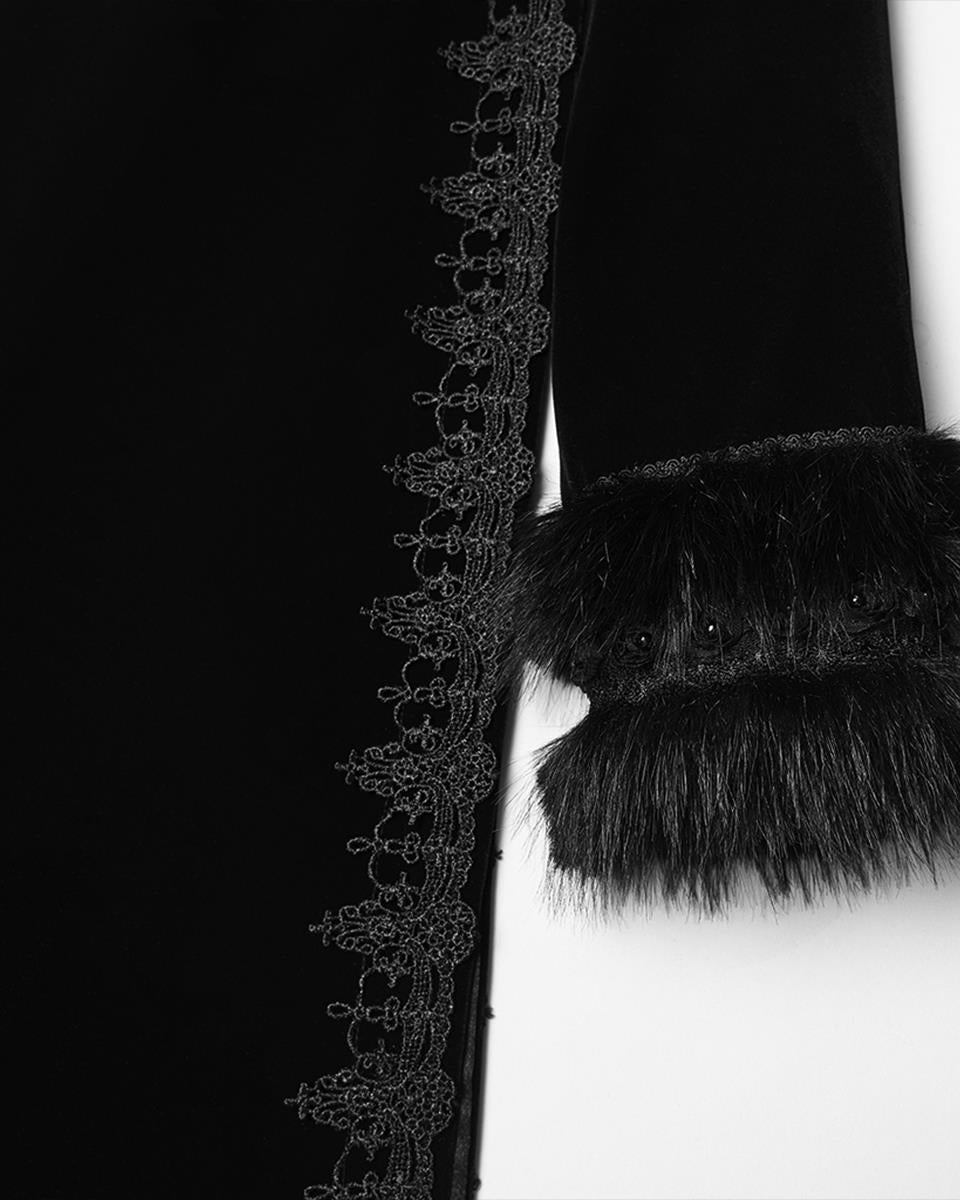 WY-1811DPF Womens Long Elegant Gothic Velvet & Faux Fur Beaded Cloak Coat