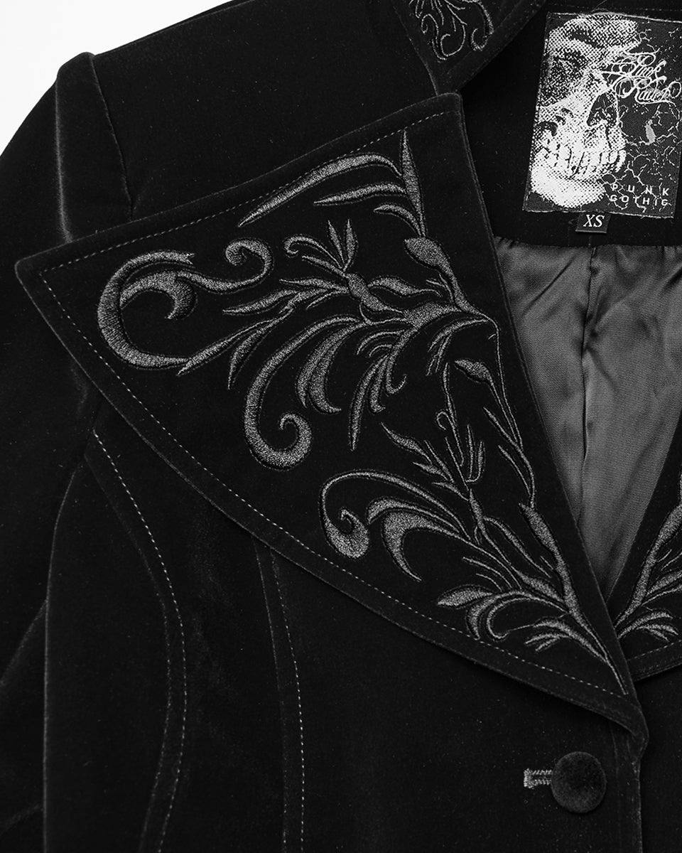 WY-1665XCF Womens Gothic Embroidered Velvet Cutaway Riding Jacket - Black