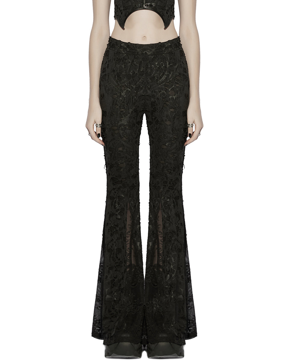 PR-OK-726XCF-BKF Daily Life Womens Apocalyptic Gothic Shredded Jacquard & Lace Flared Leggings