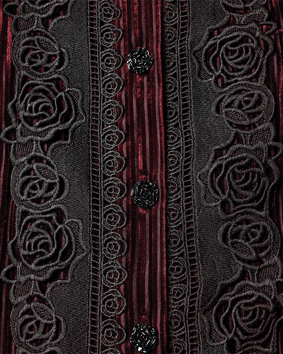 WY-1798CCF Womens Elegant Gothic Striped Velvet & Lace Applique Blouse Top - Red