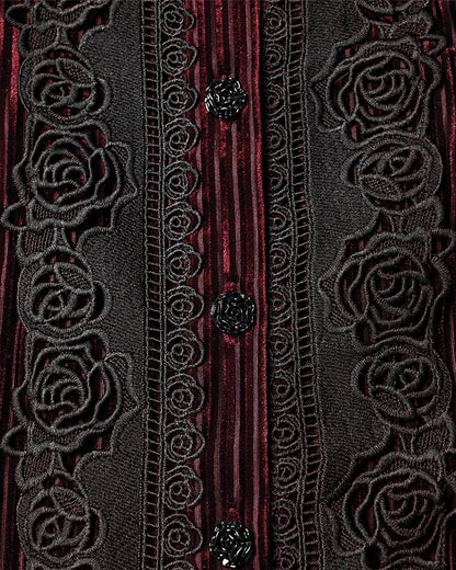 WY-1798CCF Womens Elegant Gothic Striped Velvet & Lace Applique Blouse Top - Red