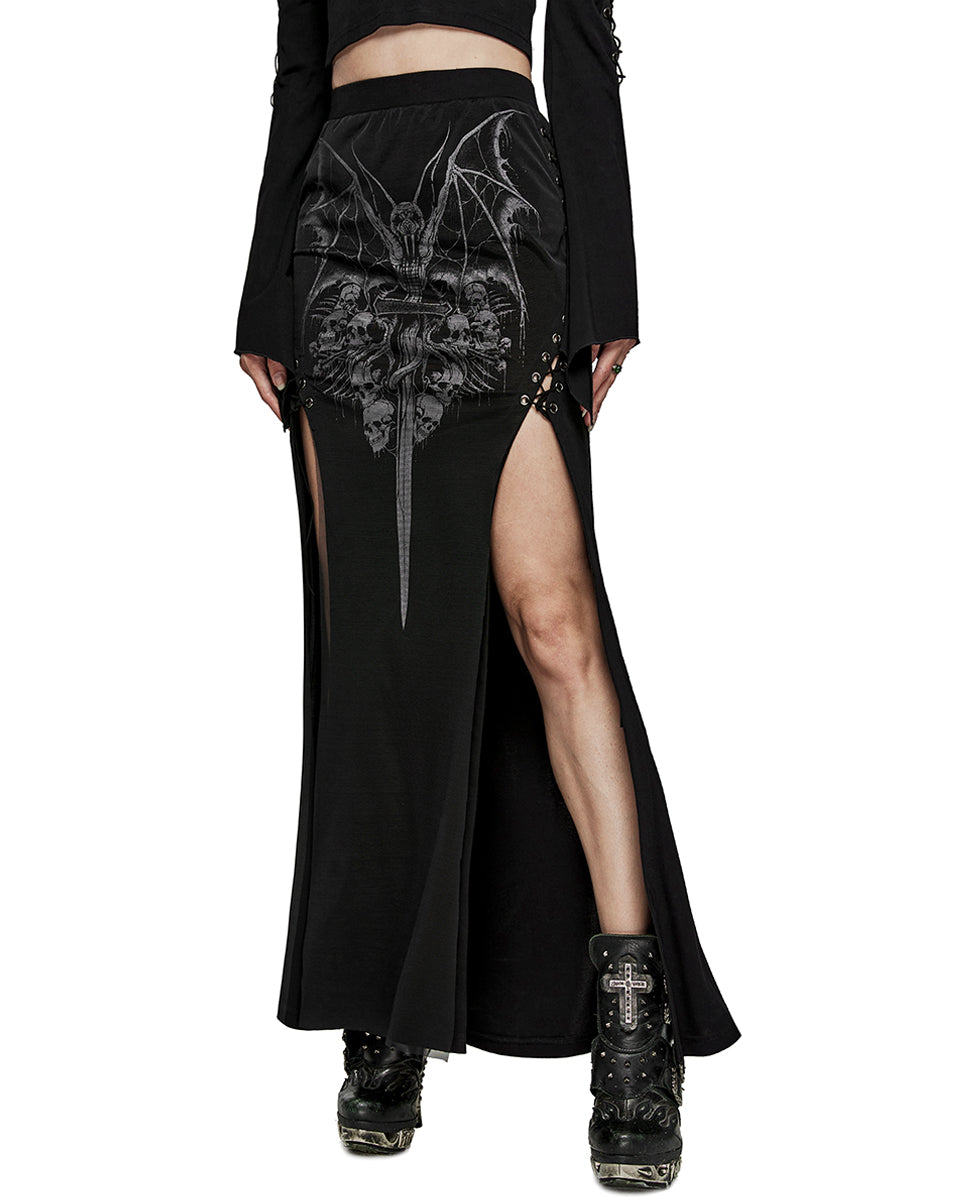PR-WQ-671BQF-BKF Womens Demonica Printed Gothic Mesh Skirt