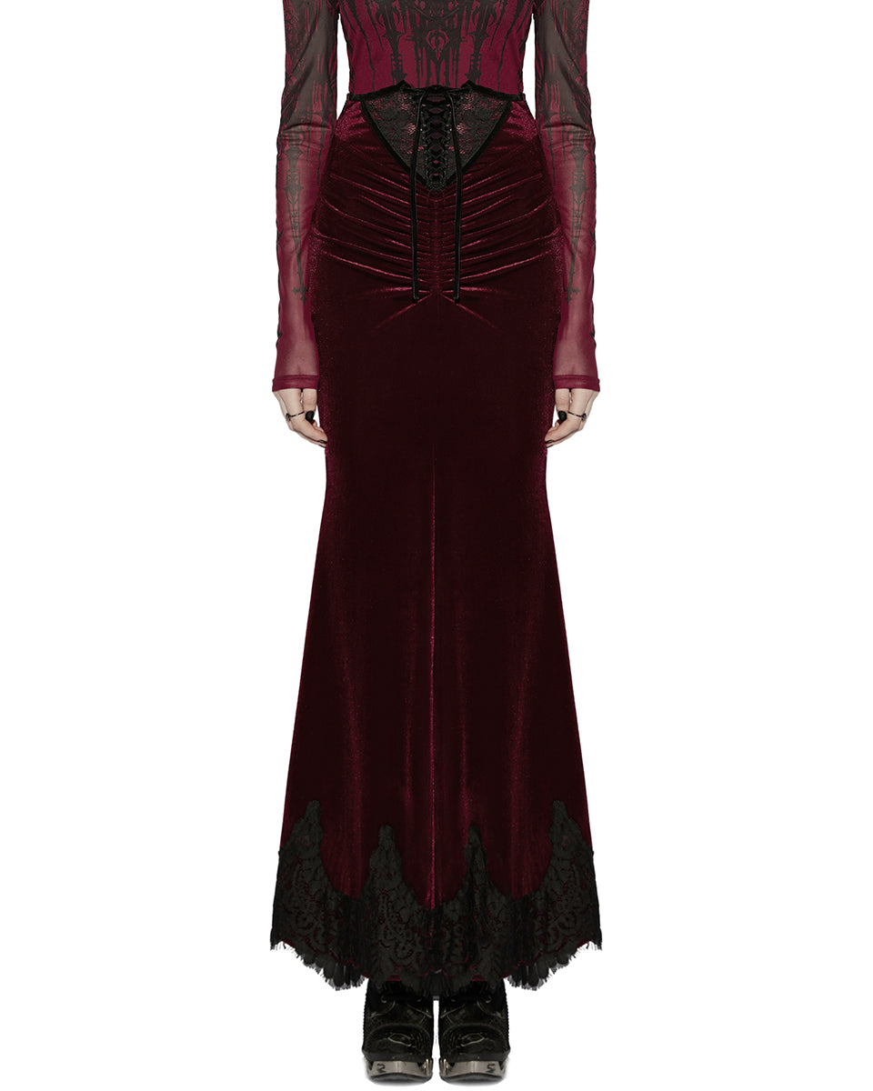 PR-OQ-844BQF-RDF Daily Life Womens Long Gothic Velvet Ruched Split Waist Skirt - Red