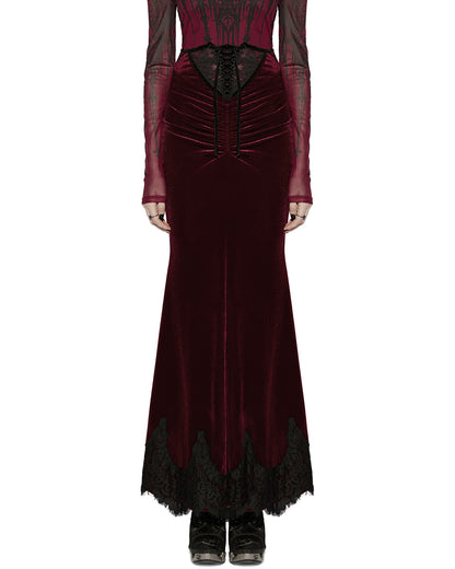 PR-OQ-844BQF-RDF Daily Life Womens Long Gothic Velvet Ruched Split Waist Skirt - Red