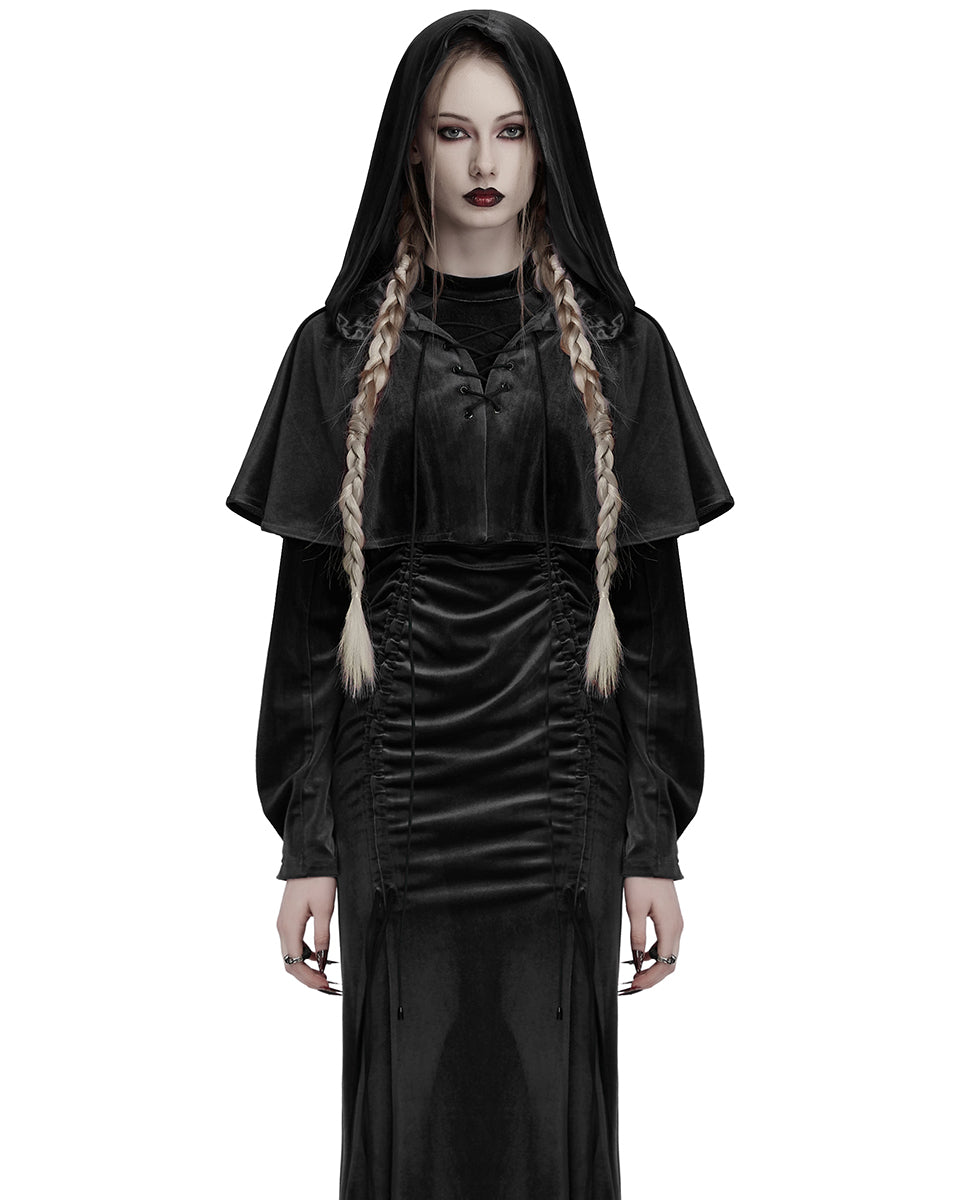 OPY-444DQF Daily Life Womens Velvet Gothic Lolita Hooded Split Tails Bolero Cape - Black