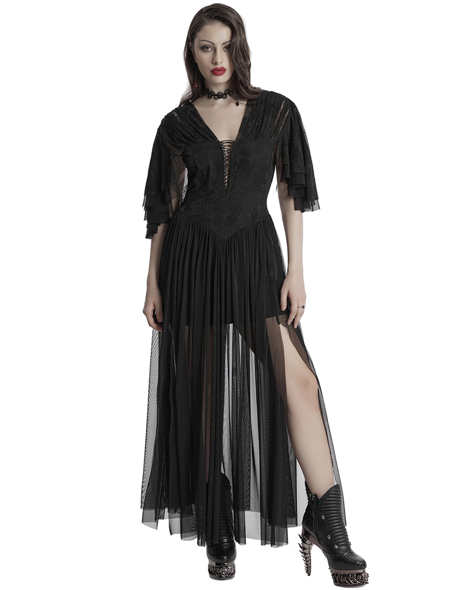 OQ-805LQF Daily Life Long Gothic Rose Lace & Pleated Mesh Lace Up Maxi Dress