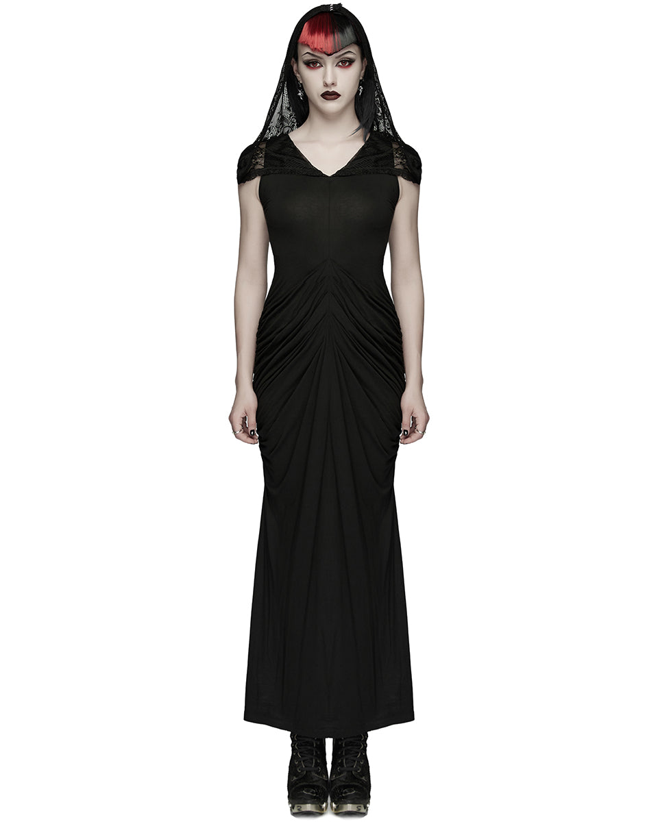 PR-WQ-940LQF-BKF Womens Long Gothic Lace Hooded Ruched Maxi Dress