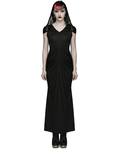 PR-WQ-940LQF-BKF Womens Long Gothic Lace Hooded Ruched Maxi Dress