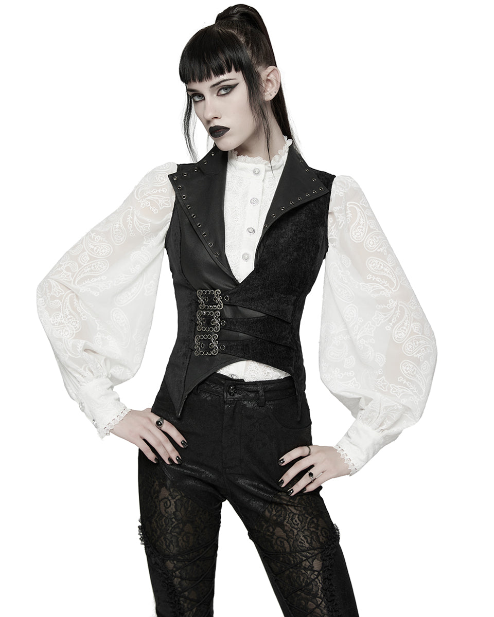 WY-1835MJF Womens Gothic Spliced Velvet & Faux Leather Asymmetric Waistcoat Vest