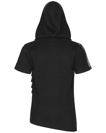 PR-T774-BKM Mens Gothic Punk Shredded Mesh Inset Hooded T Shirt Top