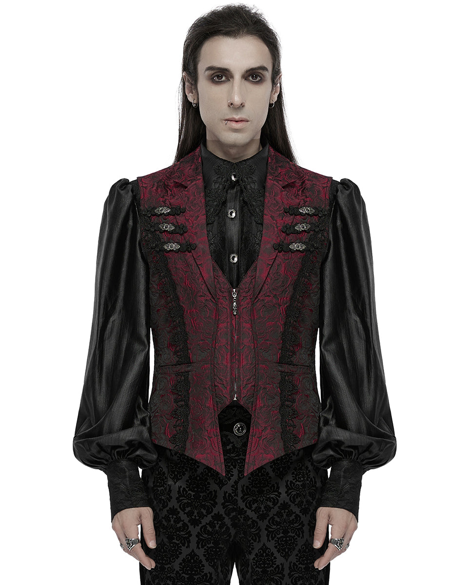 WY-1677MJM-RDM Mens Gothic Jacquard Rose Lace Applique Waistcoat Vest - Red