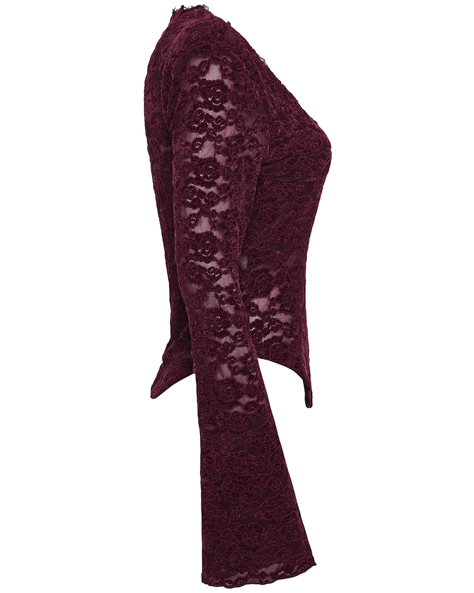OT-1014TCF-RDF Womens Elegant Floral Lace V-Neck Top - Red