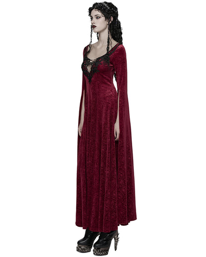 WQ-896LQF Womens Long Gothic Rose Velvet Flared Split Sleeve Maxi Dress - Red