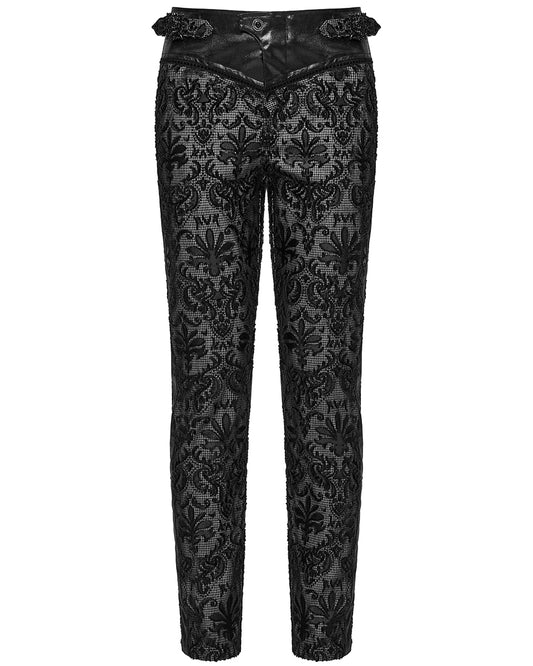 WK-725XCM-BKWHM Mens Gothic Aristocrat Embroidered Damask Houndstooth Dress Pants
