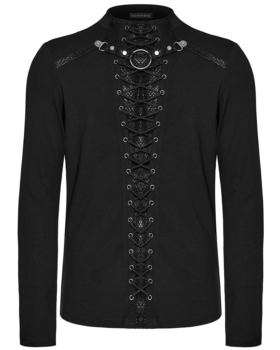 WT-896TCM-BKM Mens Dark Punk Lace-Up Mesh Inset Top - Black