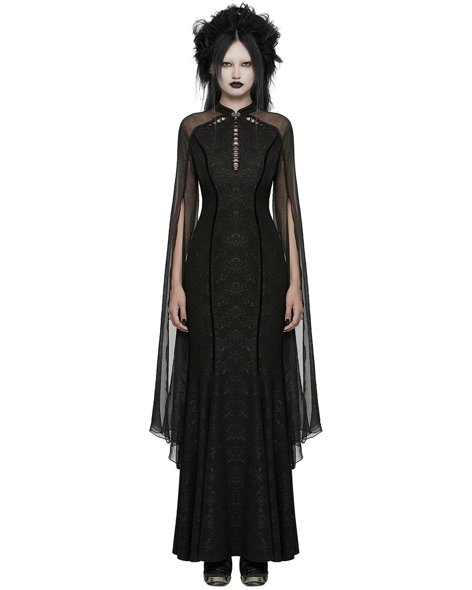 WQ-774LQF Womens Long Gothic Damask Flared Chiffon Sleeve Maxi Dress