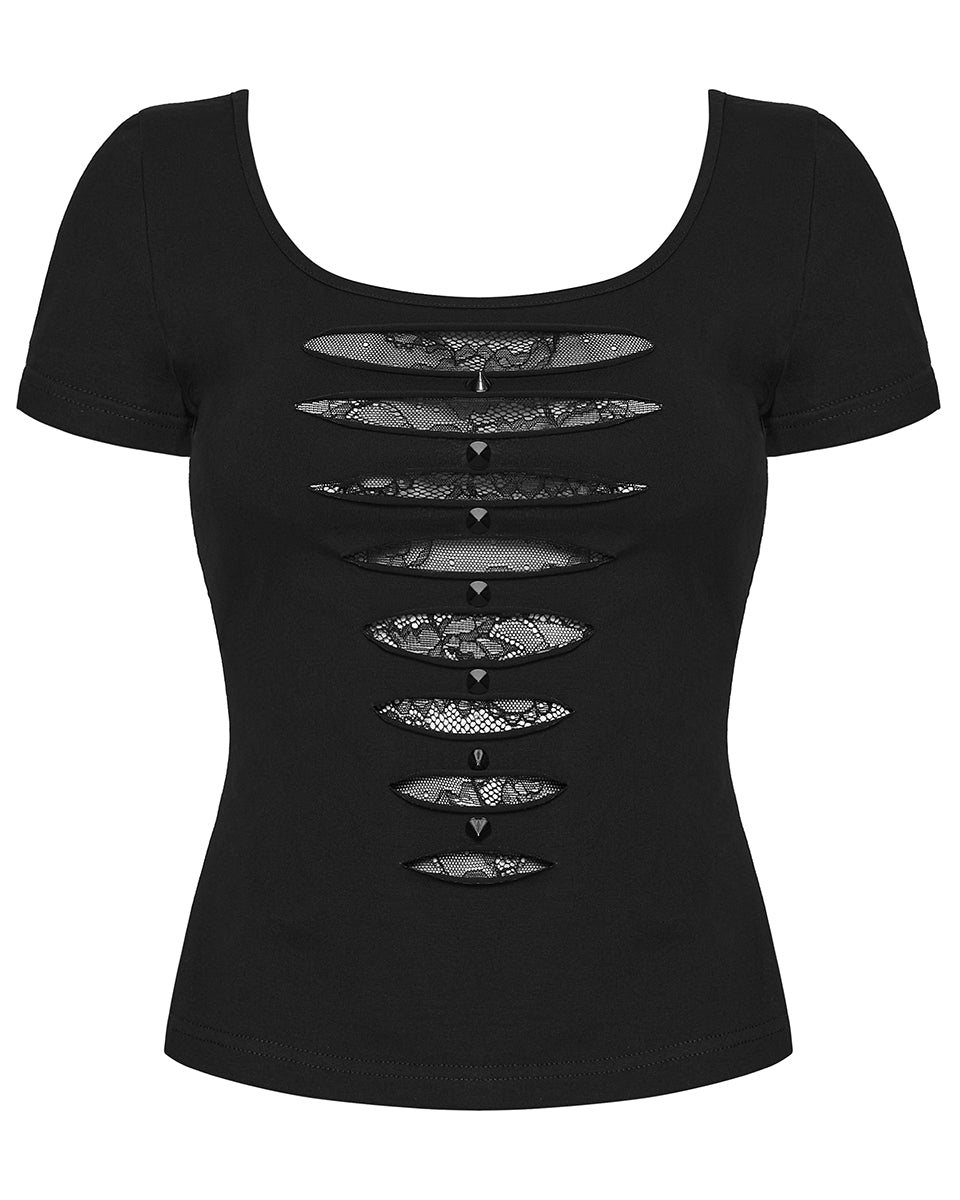 WT-1081TDF Womens Gothic Studded & Slashed Mesh Inset Tee