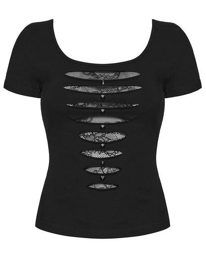 WT-1081TDF Womens Gothic Studded & Slashed Mesh Inset Tee