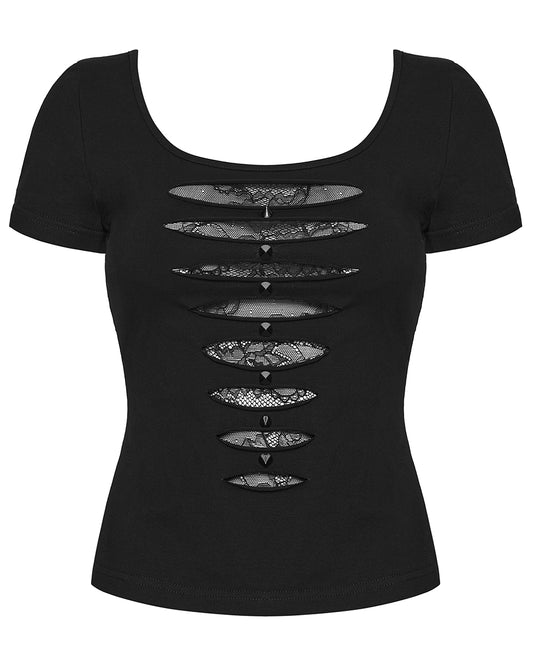 WT-1081TDF Womens Gothic Studded & Slashed Mesh Inset Tee