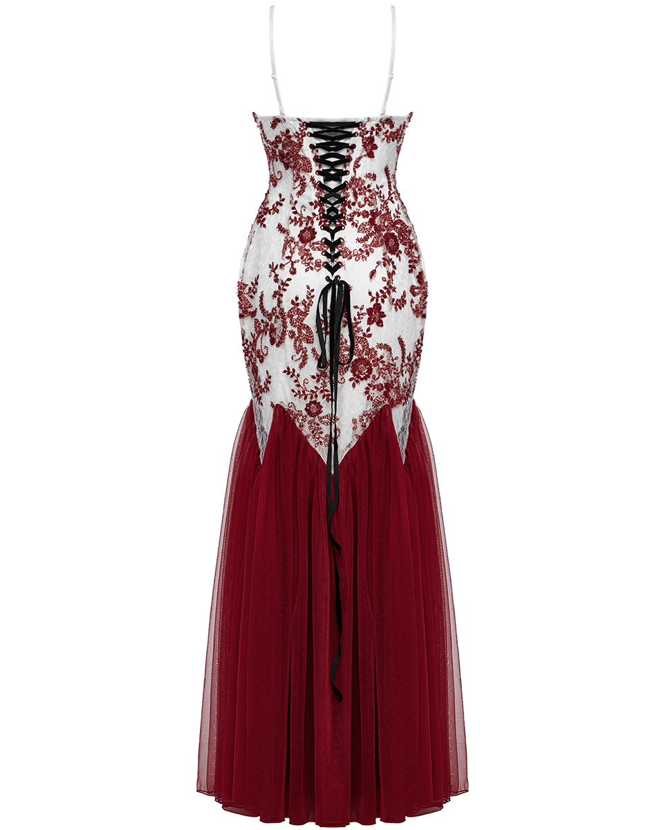 WQ-859DQF-WHRDF Womens Long Gothic Floral Sequined Wedding Prom Dress - White & Red