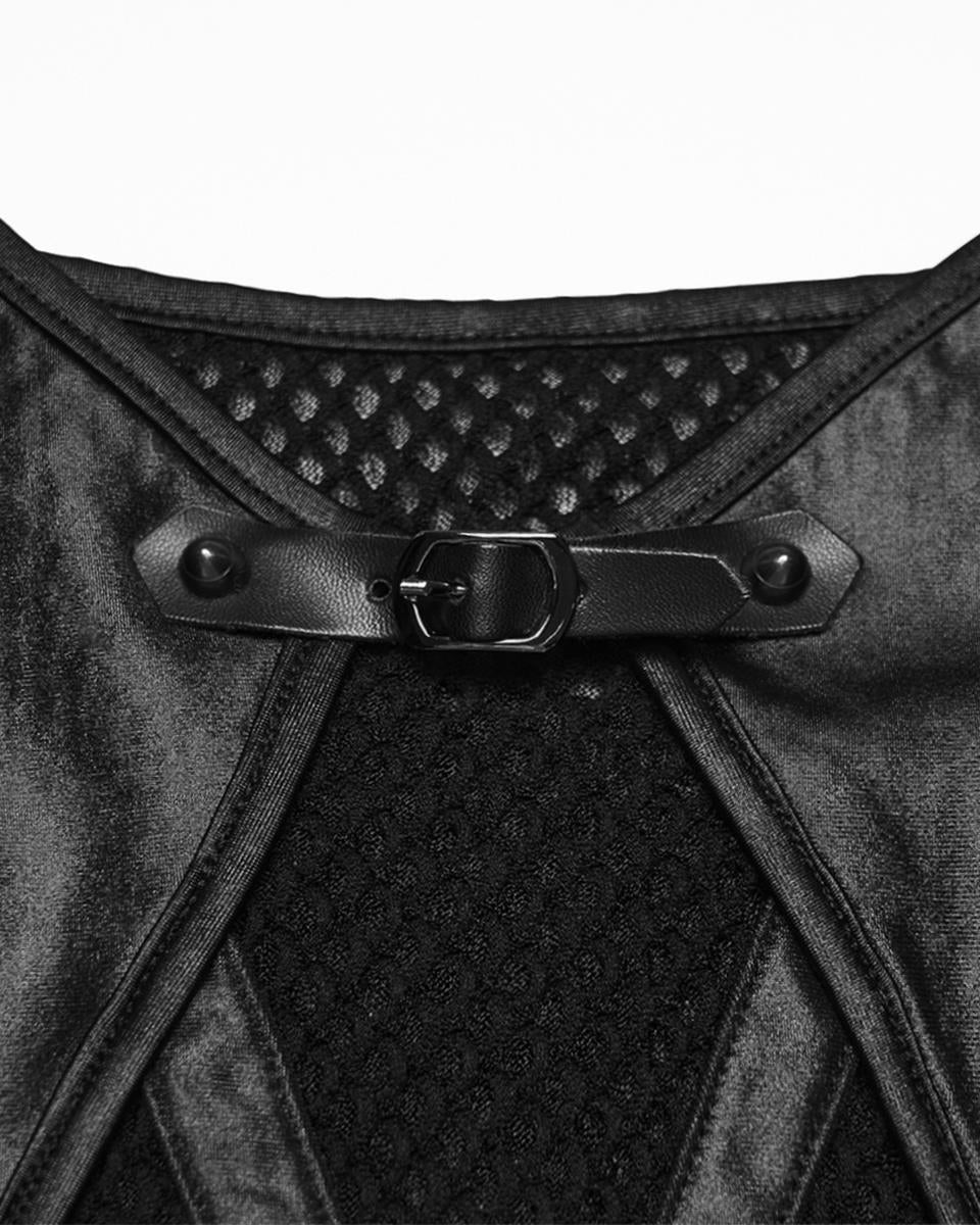 PR-OT-1070DDF-BKF Daily Life Womens Cyberpunk Faux Leather & Mesh Skull Camisole Vest Top