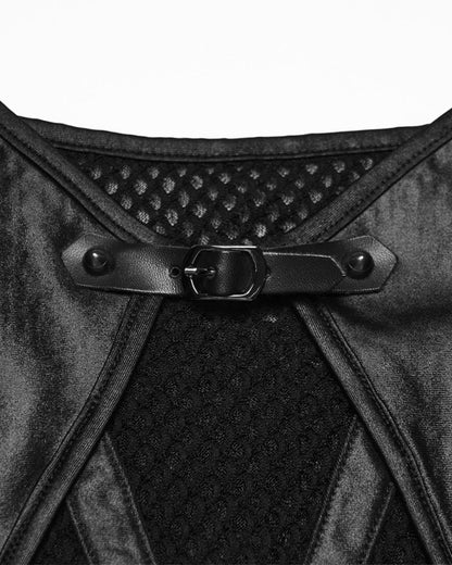 PR-OT-1070DDF-BKF Daily Life Womens Cyberpunk Faux Leather & Mesh Skull Camisole Vest Top