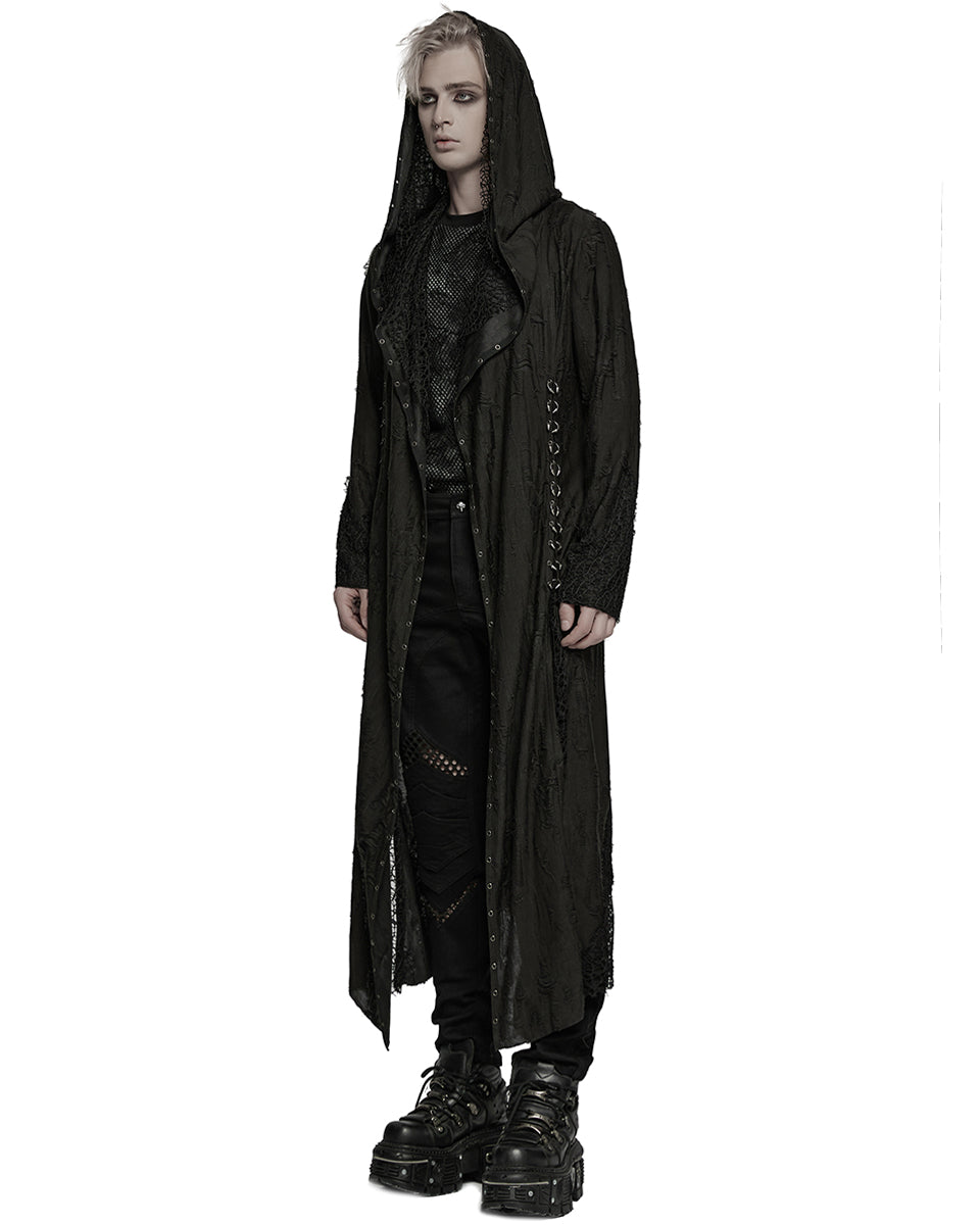 WY-1795XCM-BKM Mens Apocalyptic Gothic Broken Knit Hooded Piercing Cloak Jacket