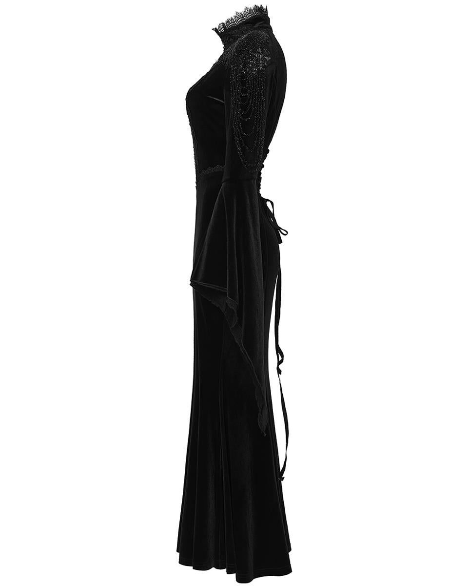 WQ-898LQF Womens Long Gothic Velvet & Lace Beaded & Embroidered Maxi Dress