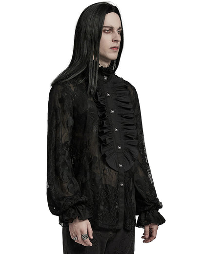 WY-1592CCM-BKM Mens Romantic Gothic Dark Floral Lace Ruffled Poet Shirt