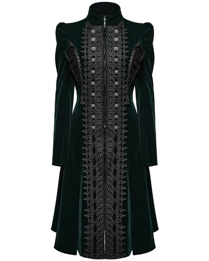 WY-1633XCF Womens Gothic Velvet Embellished Mid Length Military Coat - Bottle Green