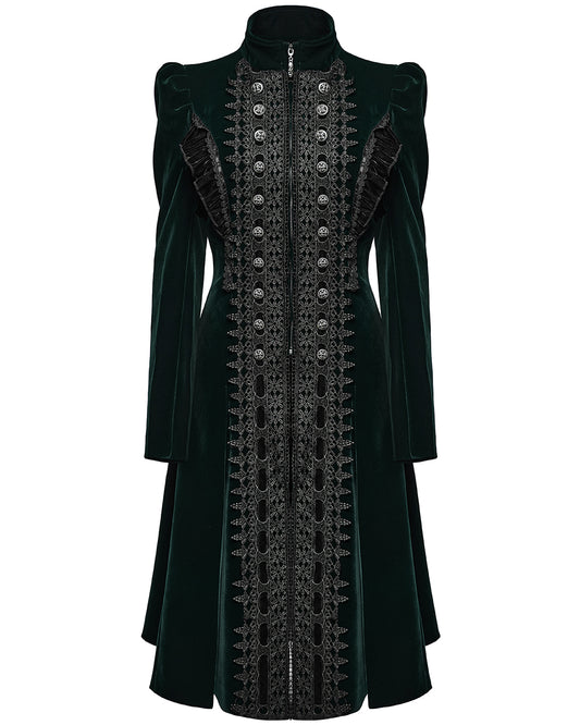 WY-1633XCF Womens Gothic Velvet Embellished Mid Length Military Coat - Bottle Green