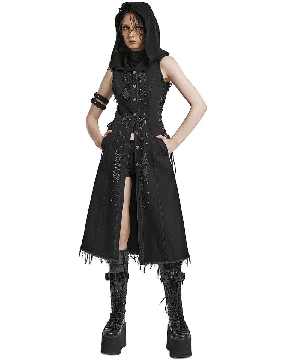 WY-1574MJF Womens Apocalyptic Wasteland Punk Long Hooded Sleeveless Vest Jacket