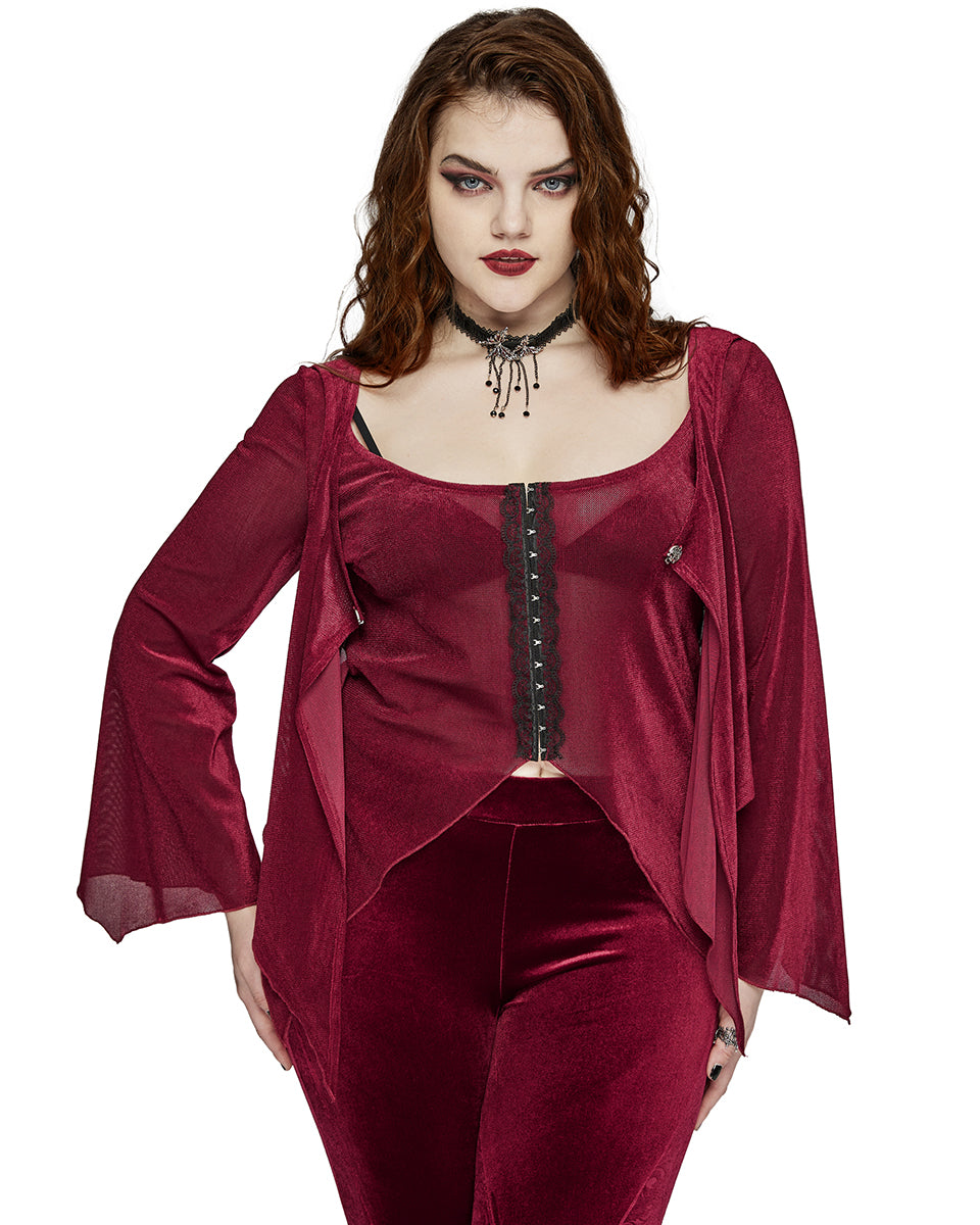 DY-1624XDF Plus Size Womens Gothic Layered Velvet & Mesh Tunic Top - Red