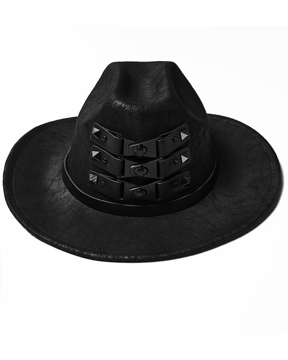 WS-859MZ Unisex Distressed Faux Leather Strapping Fedora Hat