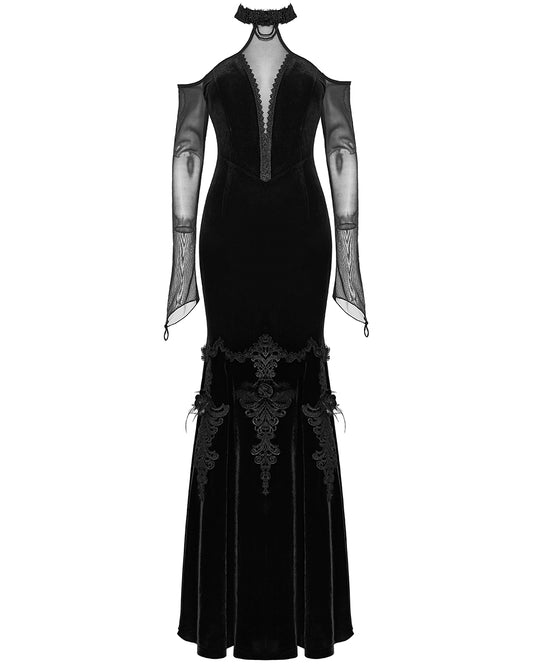 PR-WQ-658DQF-BKF Womens Dark Regency Gothic Velvet & Mesh Evening Dress - Black