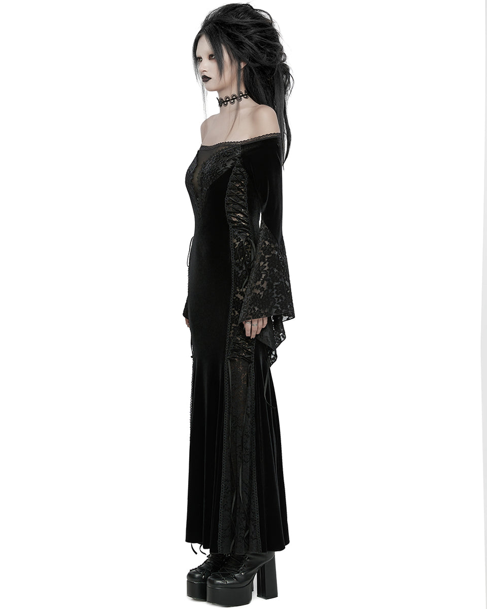 WQ-761LQF Womens Long Gothic Off Shoulder Maxi Dress With Devore Velvet Contrasts