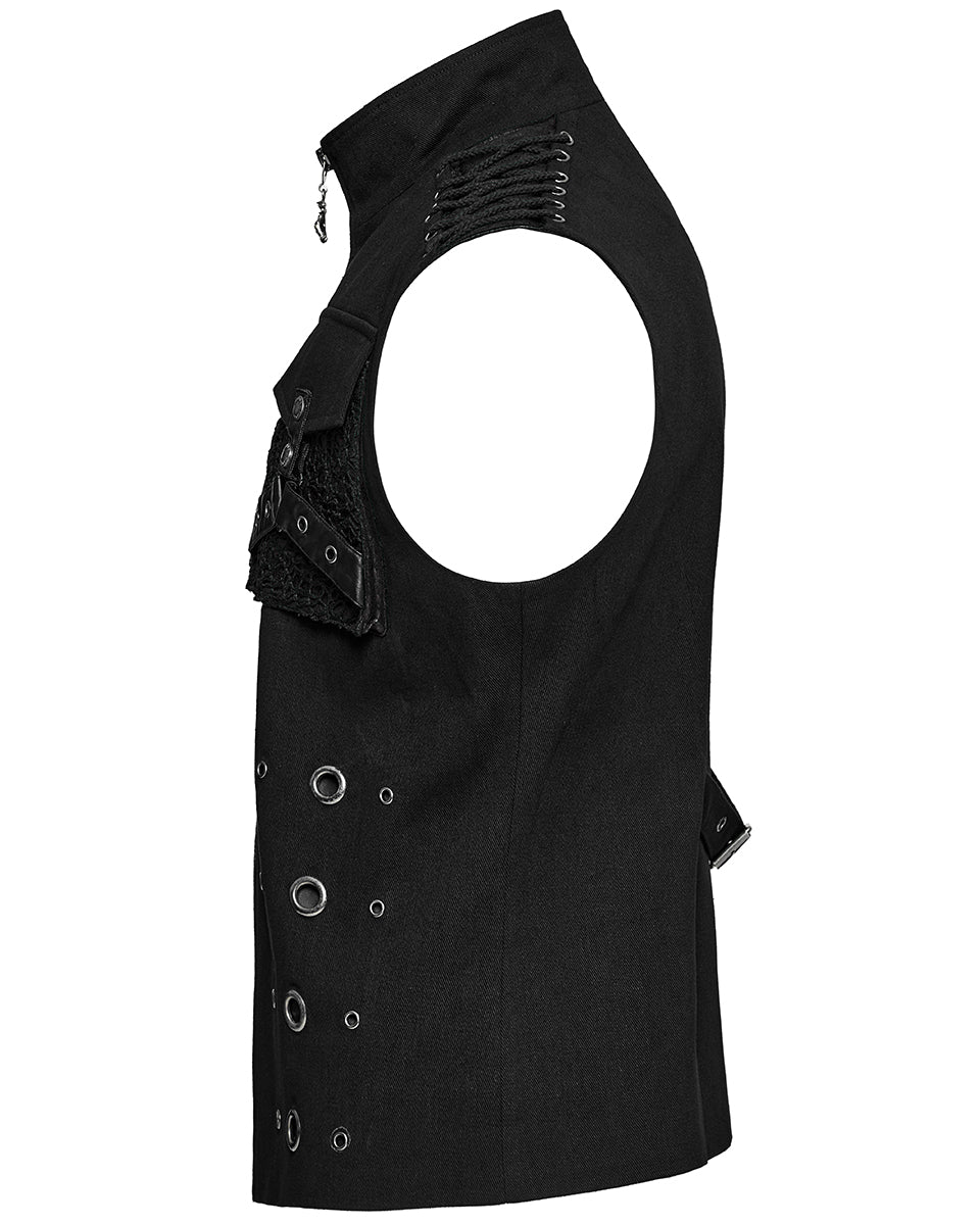 WY-1610MJM-BKM Mens Apocalyptic Gothic Mesh Utility Pocket Waistcoat Vest - Black