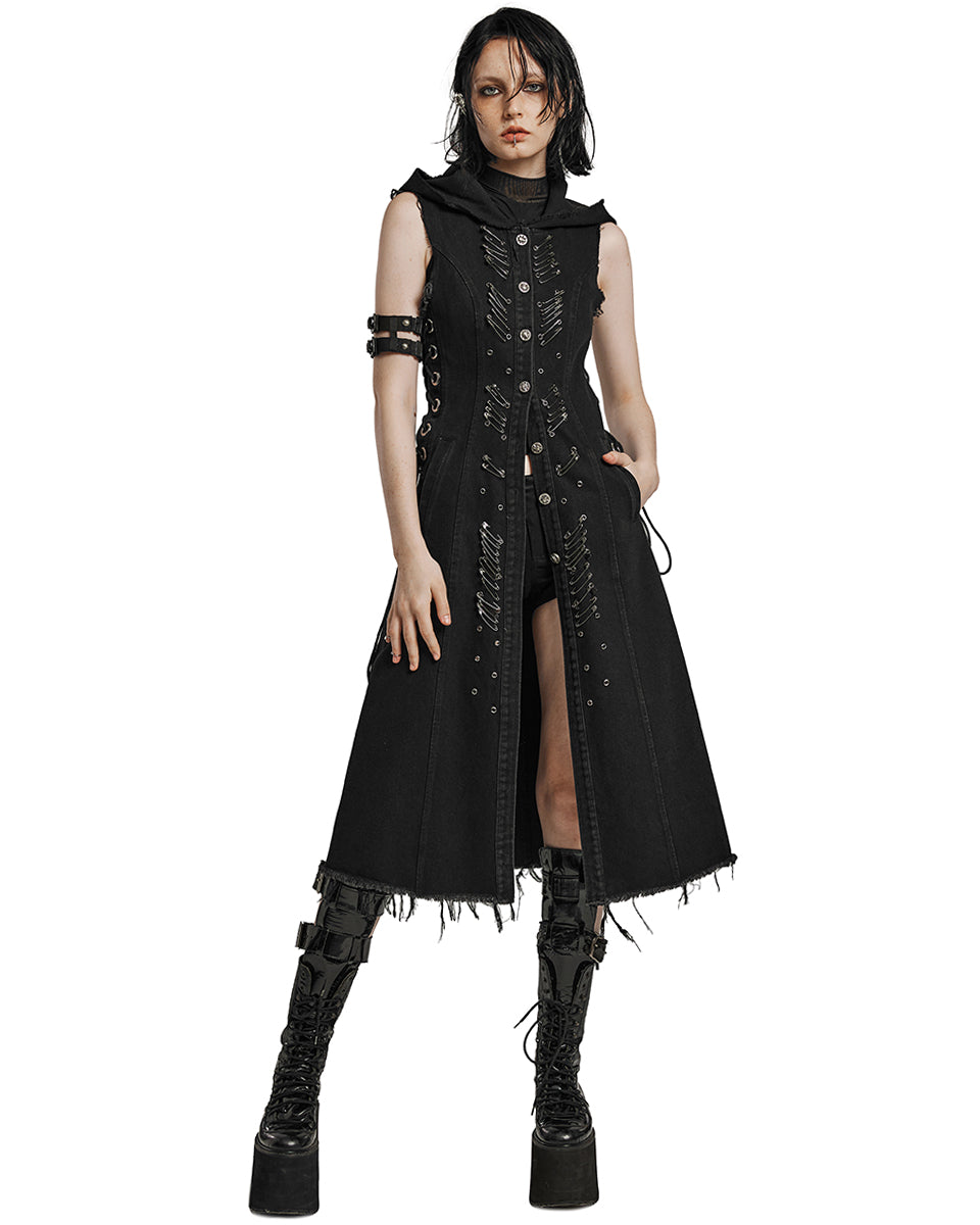 WY-1574MJF Womens Apocalyptic Wasteland Punk Long Hooded Sleeveless Vest Jacket