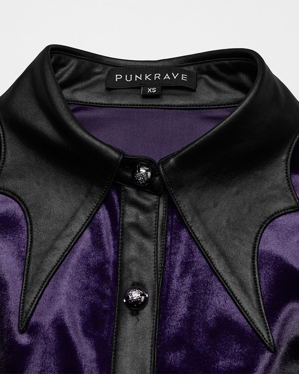 OY-1697DQF-VIF Daily Life Gothic Gradient Velvet Bat Collar Blouse Top - Purple & Black
