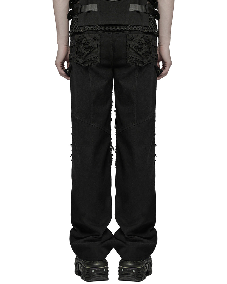 WK-707XCM-BKM Mens Apocalptic Gothic Studded Shredded Mesh Inset Pants