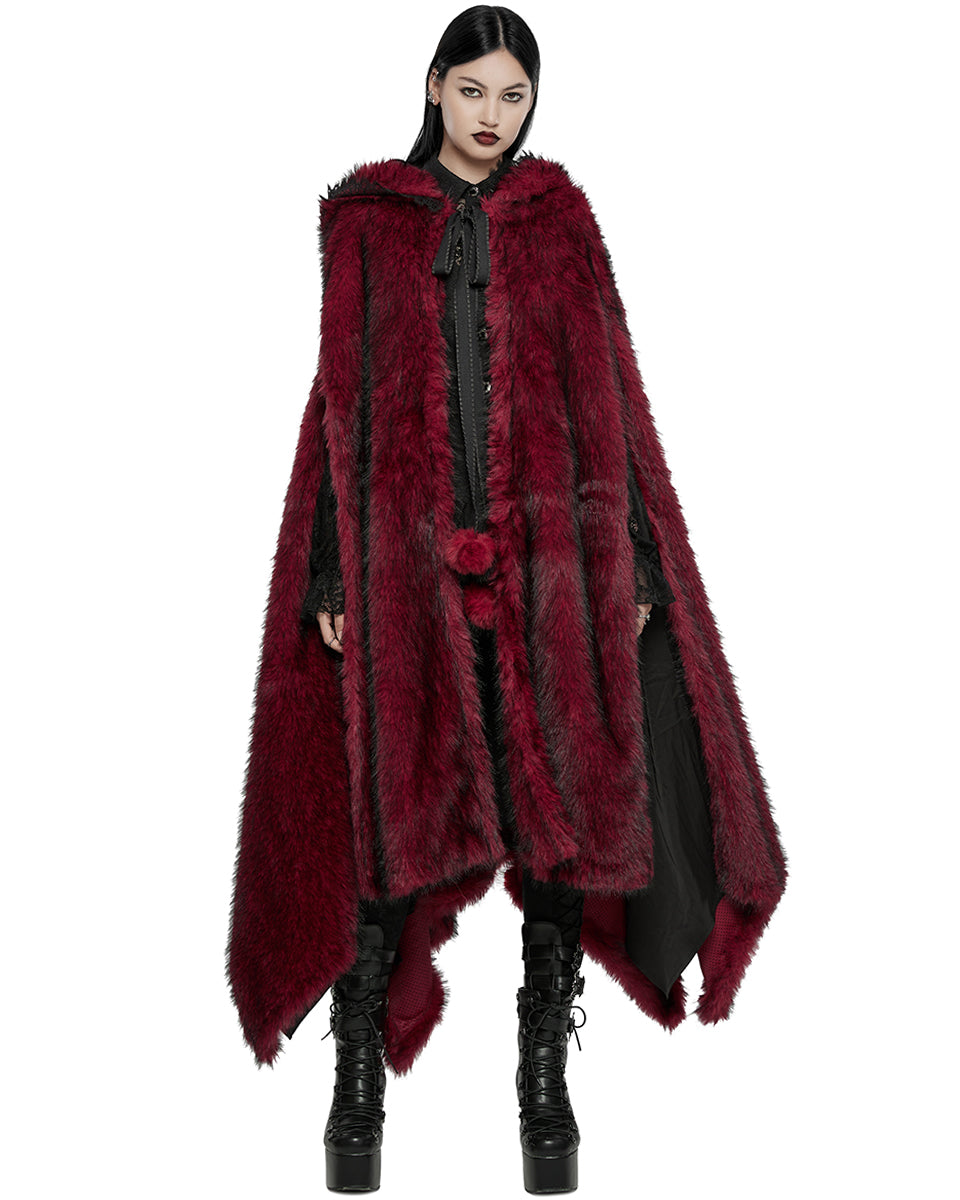 WY-1663DPF Womens Long Gothic Faux Fur Asymmetric Hooded Winter Cloak - Red