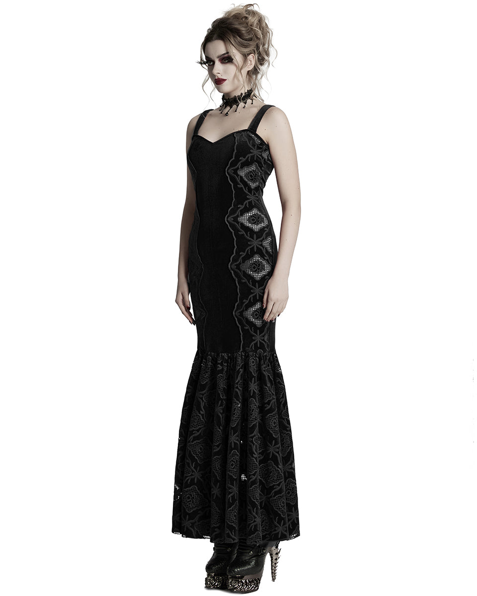WQ-837LQF Womens Long Gothic Velvet Lace Applique Cutout Dress - Black