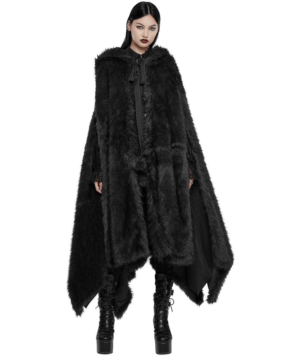 WY-1663DPF Womens Long Gothic Faux Fur Asymmetric Hooded Winter Cloak - Black