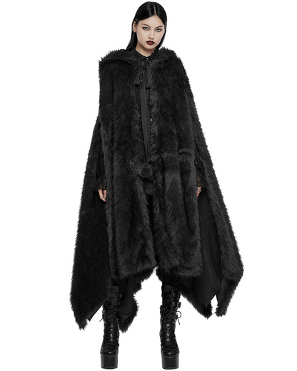 WY-1663DPF Womens Long Gothic Faux Fur Asymmetric Hooded Winter Cloak - Black