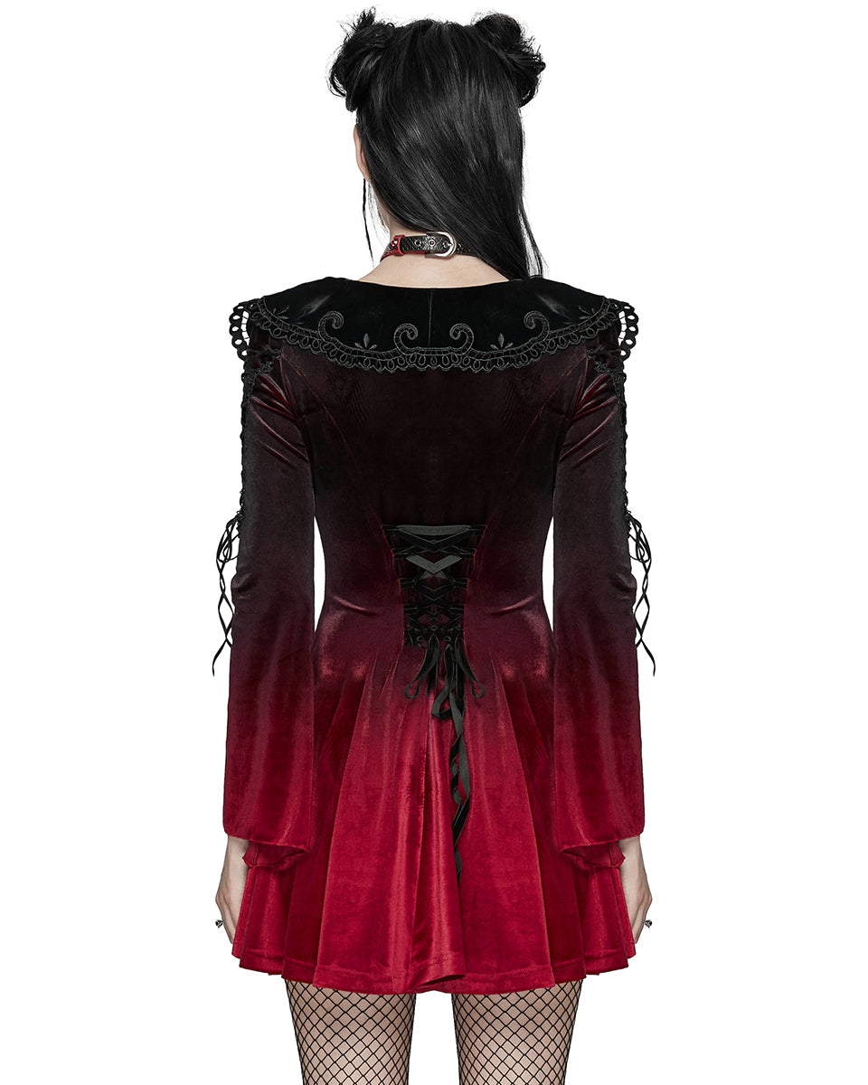 WQ-770LQF Womens Gothic Velvet Mini Dress With Oversize Embellished Collar - Red & Black Gradient