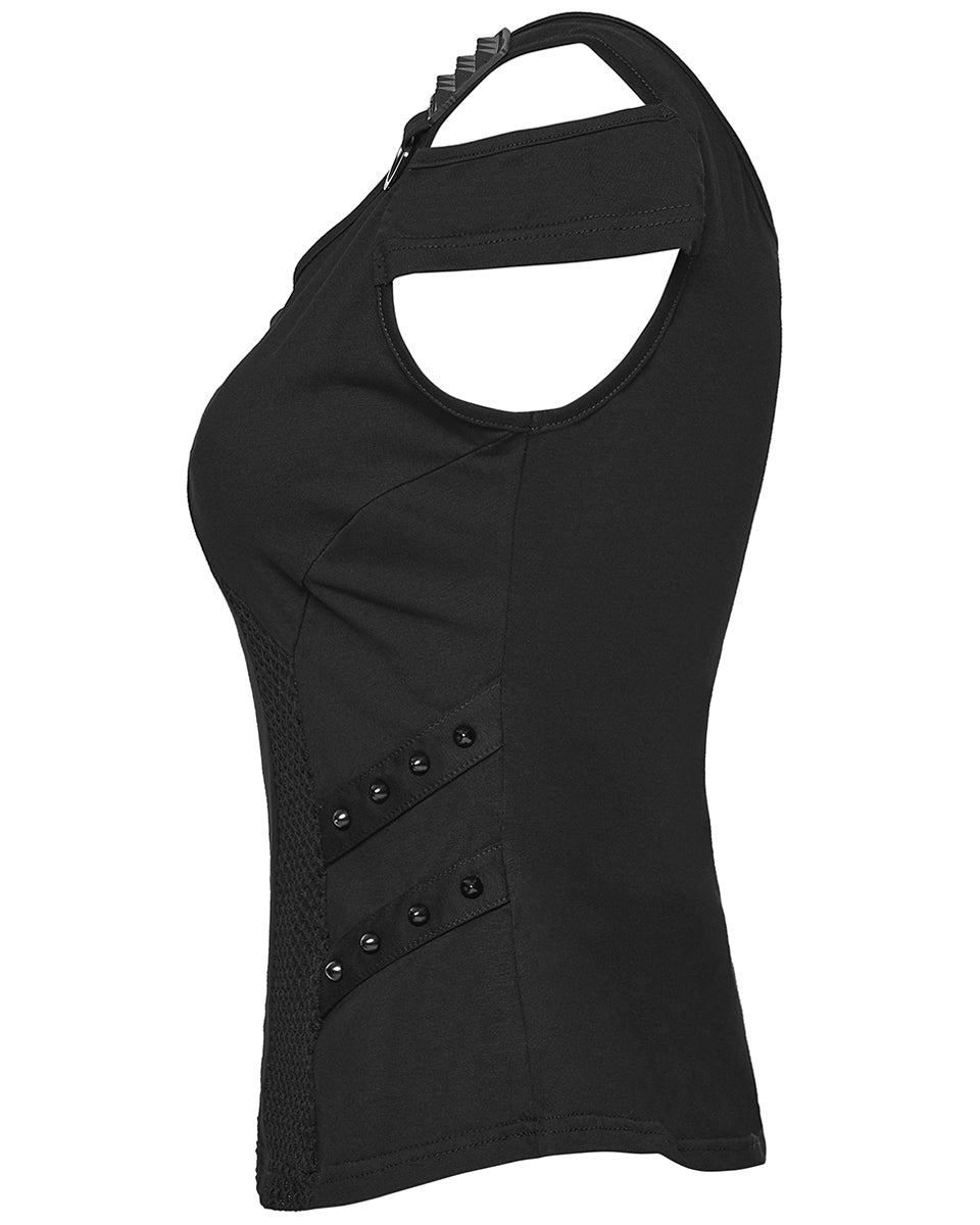 WT-1065TDF Womens Apocalyptic Gothic Studded Mesh Inset T-Shirt Top