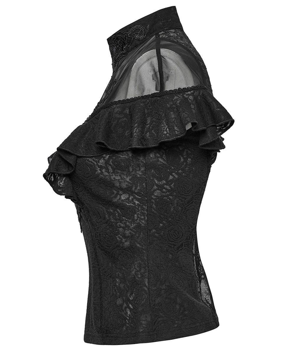 WT-1004TDF-BKF Womens Elegant Gothic Floral Lace Applique Blouse Top