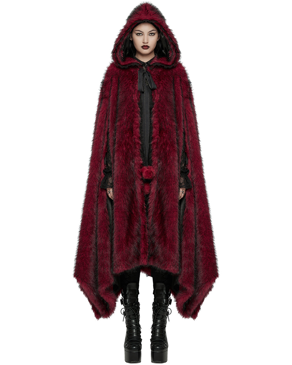 WY-1663DPF Womens Long Gothic Faux Fur Asymmetric Hooded Winter Cloak - Red